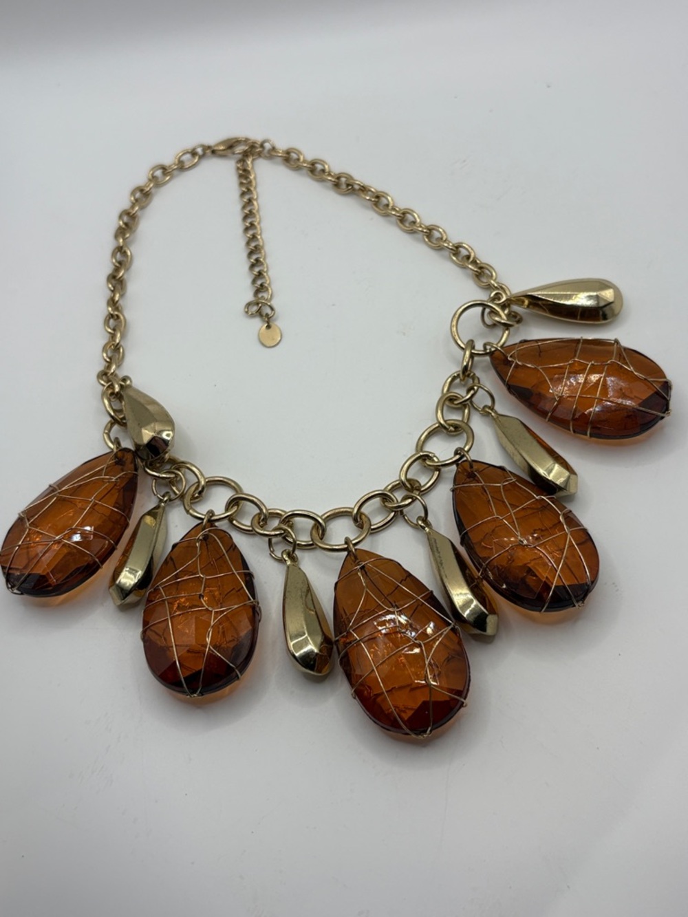 1990’s Nena Gold-Tone Cage Lucite Amber Crystal Teardrop Necklace 16-18”